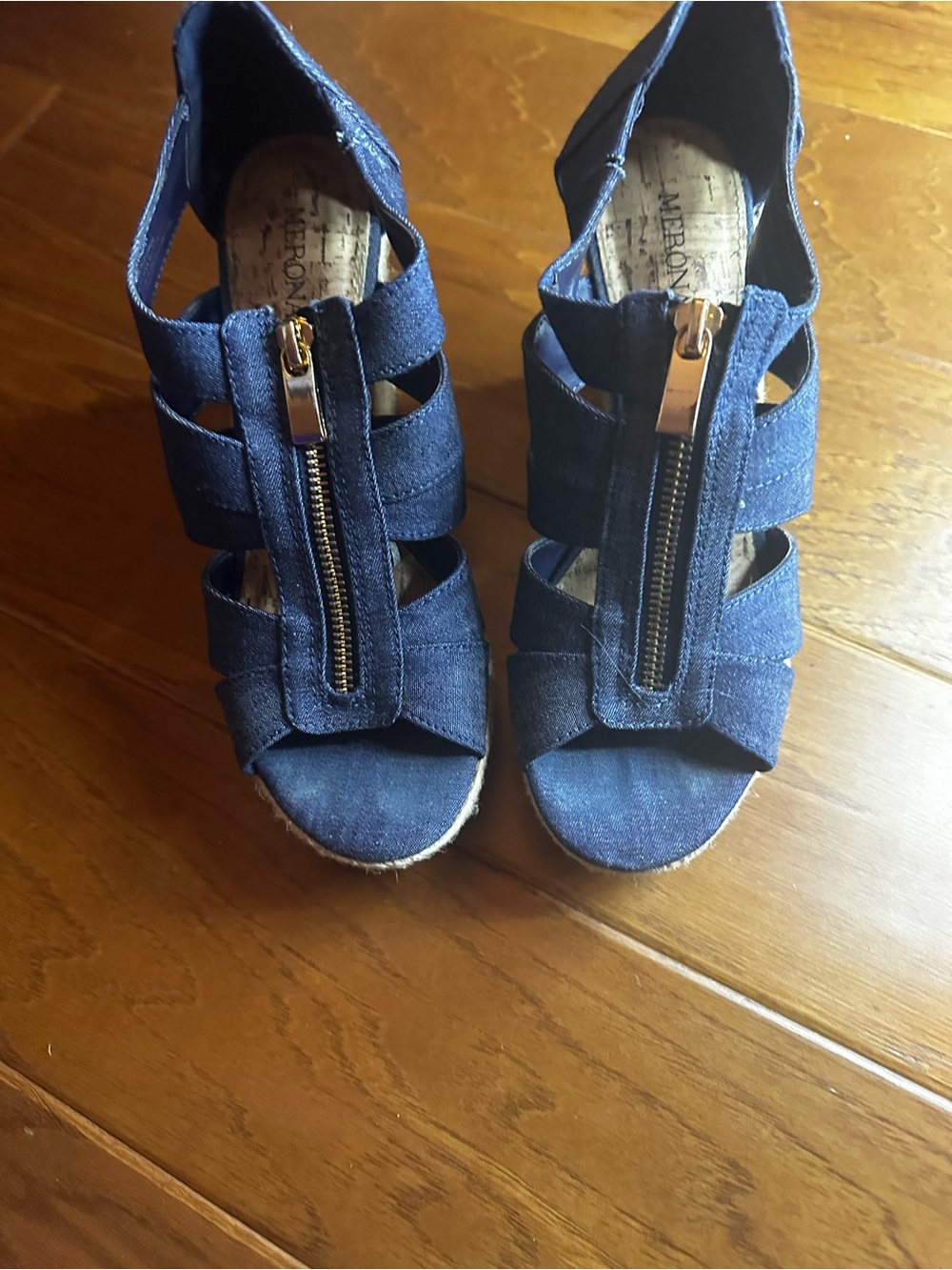 Denim Blue Strappy Zip Front Wedge Sandals - Women Size 7